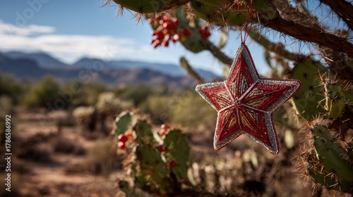 Christmas star ornament on cactus, Arizona desert landscape background
