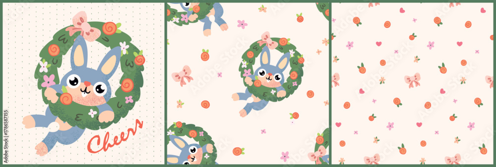 Naklejka premium Festive baby collection with postcard, patterns. Cute childish art of little bunny in Christmas wreath. Seamless pattern of cartoon animal, rabbit, small flowers, mini leaves. Vector illustration.