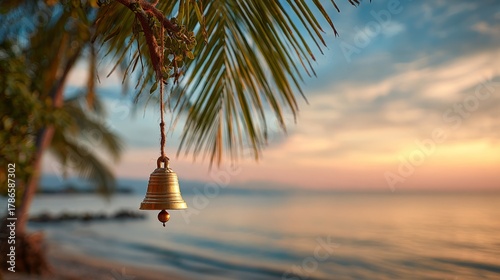 Fototapeta Naklejka Na Ścianę i Meble -  Golden Christmas bell hanging from coconut palm. Sunset beach background