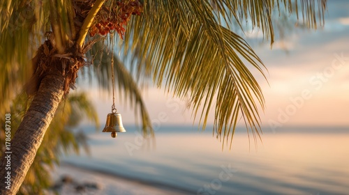 Fototapeta Naklejka Na Ścianę i Meble -  Golden Christmas bell hanging from coconut palm. Sunset beach background