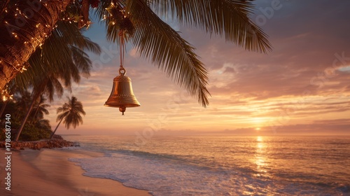 Fototapeta Naklejka Na Ścianę i Meble -  Golden Christmas bell hanging from coconut palm. Sunset beach background