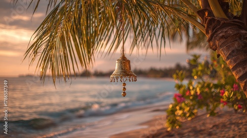 Fototapeta Naklejka Na Ścianę i Meble -  Golden Christmas bell hanging from coconut palm. Sunset beach background