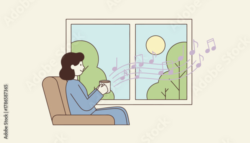 A peaceful morning scene featuring a person sipping coffee gazing out the window with soft music notes wafting through the air like a gentle breeze.