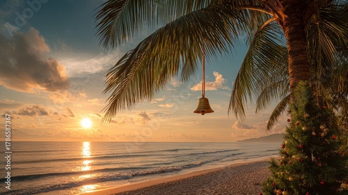 Fototapeta Naklejka Na Ścianę i Meble -  Golden Christmas bell hanging from coconut palm. Sunset beach background