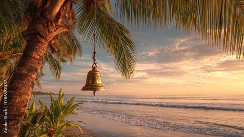 Fototapeta Naklejka Na Ścianę i Meble -  Golden Christmas bell hanging from coconut palm. Sunset beach background