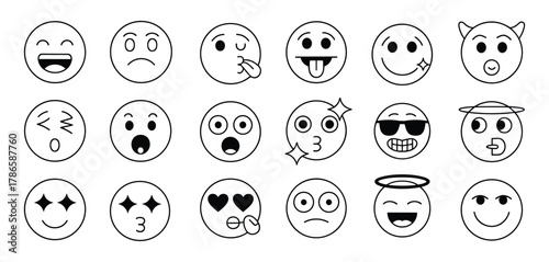 Black And White Outline Emoji Faces With Various Expressions Keywords: emoji, emoticon, face
