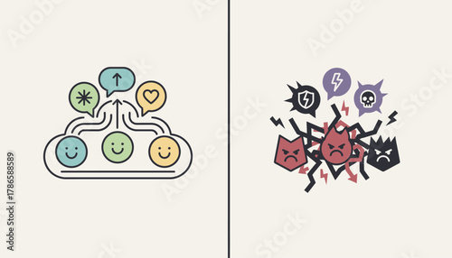 A sidebyside comparison of online interactions one filled with encouragement and positivity the other marred by negativity and bullying.