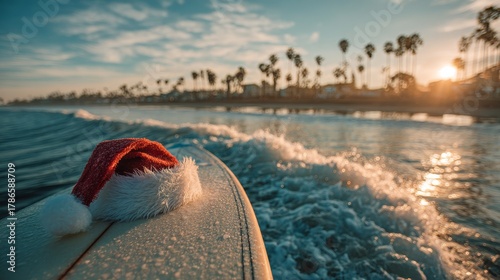 Fototapeta Naklejka Na Ścianę i Meble -  Santa hat resting on surfboard. Ocean waves and palm trees background