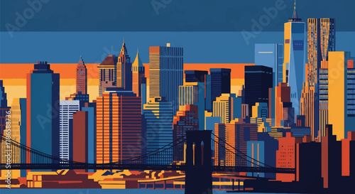 Flat vector skyline of New York City with dense tall skyscrapers and bridge silhouette. Solid bold colors, clean minimalist shapes, no gradients. Perfect for travel posters and editorial design