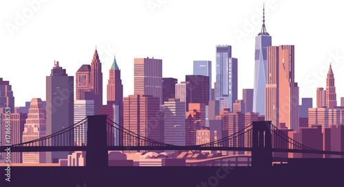 Flat vector skyline of New York City with dense tall skyscrapers and bridge silhouette. Solid bold colors, clean minimalist shapes, no gradients. Perfect for travel posters and editorial design
