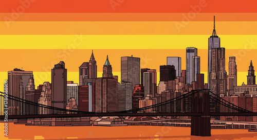 Flat vector skyline of New York City with dense tall skyscrapers and bridge silhouette. Solid bold colors, clean minimalist shapes, no gradients. Perfect for travel posters and editorial design