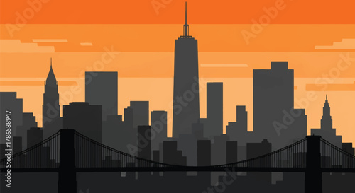 Flat vector skyline of New York City with dense tall skyscrapers and bridge silhouette. Solid bold colors, clean minimalist shapes, no gradients. Perfect for travel posters and editorial design