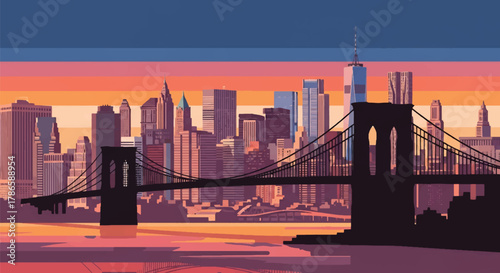 Flat vector skyline of New York City with dense tall skyscrapers and bridge silhouette. Solid bold colors, clean minimalist shapes, no gradients. Perfect for travel posters and editorial design