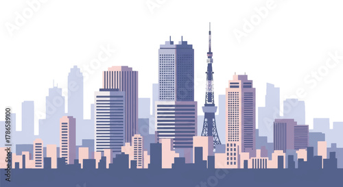 Flat vector skyline of Tokyo featuring modern skyscrapers and slim tower silhouette. Solid colors, clean geometric shapes, no gradients. Ideal for travel concepts and digital editorial use