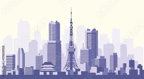 Flat vector skyline of Tokyo featuring modern skyscrapers and slim tower silhouette. Solid colors, clean geometric shapes, no gradients. Ideal for travel concepts and digital editorial use