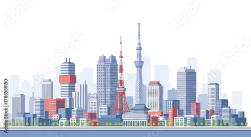 Flat vector skyline of Tokyo featuring modern skyscrapers and slim tower silhouette. Solid colors, clean geometric shapes, no gradients. Ideal for travel concepts and digital editorial use