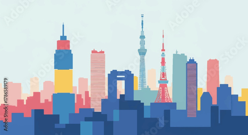 Flat vector skyline of Tokyo featuring modern skyscrapers and slim tower silhouette. Solid colors, clean geometric shapes, no gradients. Ideal for travel concepts and digital editorial use