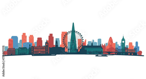 Flat vector skyline of London with balanced mix of modern buildings and wheel-shaped silhouette on riverside layout. Solid color blocks, no gradient. Ideal for travel branding and editorial visuals