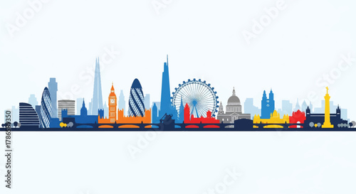Flat vector skyline of London with balanced mix of modern buildings and wheel-shaped silhouette on riverside layout. Solid color blocks, no gradient. Ideal for travel branding and editorial visuals