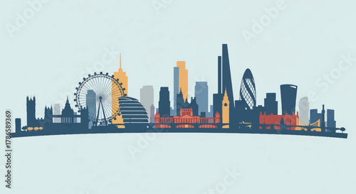 Flat vector skyline of London with balanced mix of modern buildings and wheel-shaped silhouette on riverside layout. Solid color blocks, no gradient. Ideal for travel branding and editorial visuals