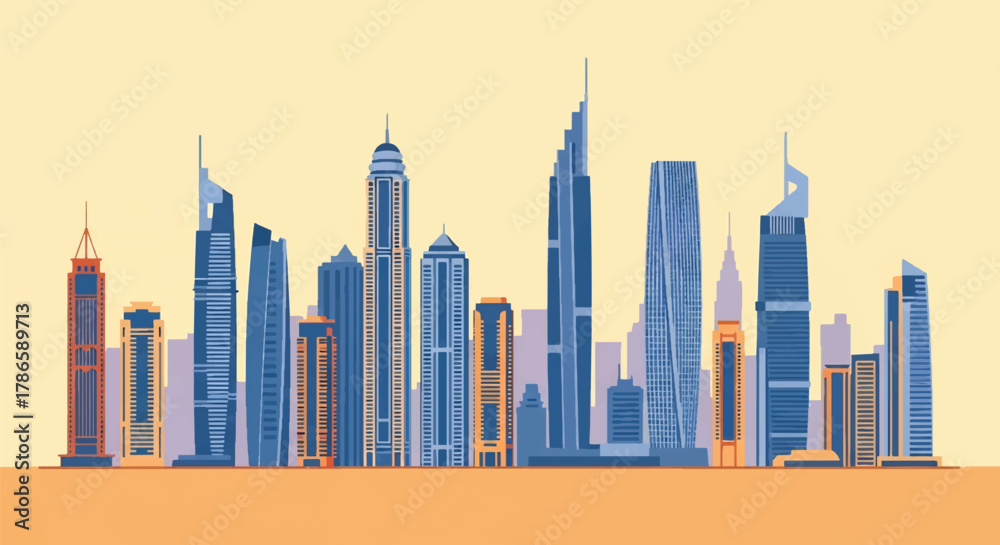 Fototapeta premium Flat vector skyline of Dubai featuring futuristic tall skyscrapers in sharp vertical shapes. Solid warm palette, no gradients. Designed for travel advertising, branding visuals, and posters