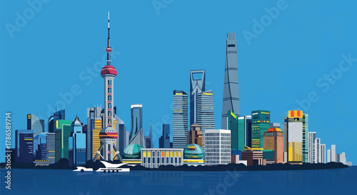 Flat vector skyline of Shanghai with needle-topped tower and rounded futuristic buildings. Solid color blocks, no gradients. Perfect for business, travel, editorial, and infographic use