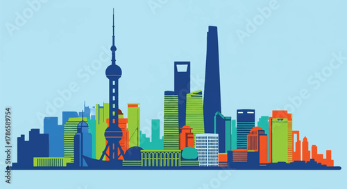 Flat vector skyline of Shanghai with needle-topped tower and rounded futuristic buildings. Solid color blocks, no gradients. Perfect for business, travel, editorial, and infographic use