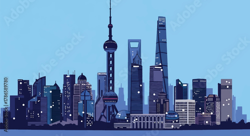Flat vector skyline of Shanghai with needle-topped tower and rounded futuristic buildings. Solid color blocks, no gradients. Perfect for business, travel, editorial, and infographic use