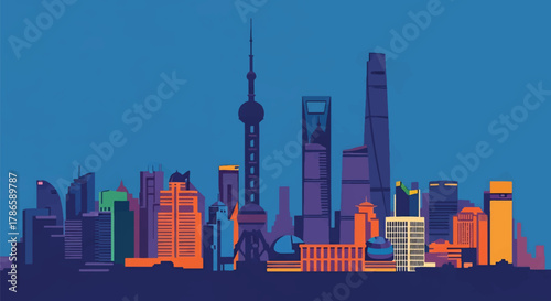 Flat vector skyline of Shanghai with needle-topped tower and rounded futuristic buildings. Solid color blocks, no gradients. Perfect for business, travel, editorial, and infographic use