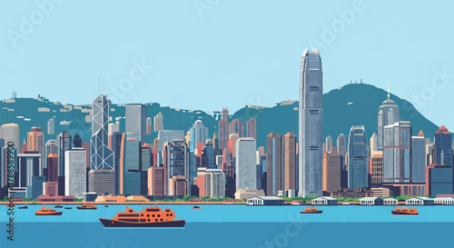 Flat vector skyline of Hong Kong showing dense vertical skyscrapers along mountain coastline. Solid bold colors, no gradients. Great for financial themes and travel visuals