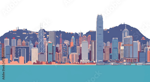 Flat vector skyline of Hong Kong showing dense vertical skyscrapers along mountain coastline. Solid bold colors, no gradients. Great for financial themes and travel visuals