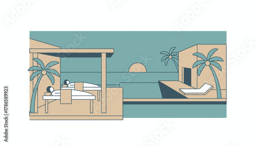 A tranquil spa retreat with soothing ambiance where visitors indulge in relaxing massages overlooking the ocean.