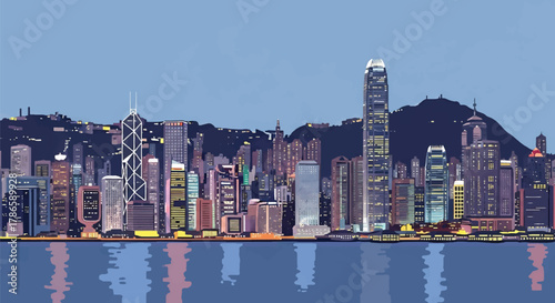 Flat vector skyline of Hong Kong showing dense vertical skyscrapers along mountain coastline. Solid bold colors, no gradients. Great for financial themes and travel visuals