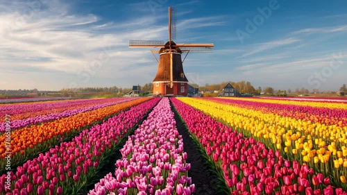 Colorful tulip fields and windmill in the Netherlands under a bright blue sky