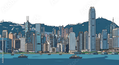Flat vector skyline of Hong Kong showing dense vertical skyscrapers along mountain coastline. Solid bold colors, no gradients. Great for financial themes and travel visuals
