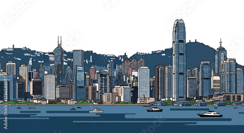 Flat vector skyline of Hong Kong showing dense vertical skyscrapers along mountain coastline. Solid bold colors, no gradients. Great for financial themes and travel visuals