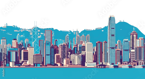 Flat vector skyline of Hong Kong showing dense vertical skyscrapers along mountain coastline. Solid bold colors, no gradients. Great for financial themes and travel visuals