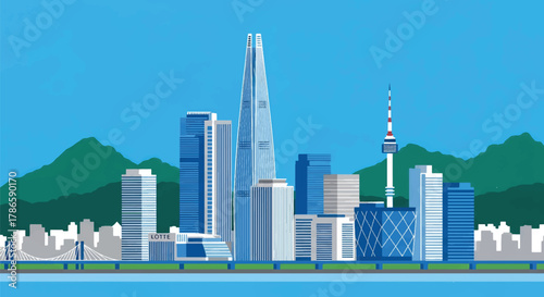 Flat vector skyline of Seoul with clean building blocks and surrounding mountains. Solid color shapes, no gradients. Suitable for travel marketing, editorial layouts, and infographic design
