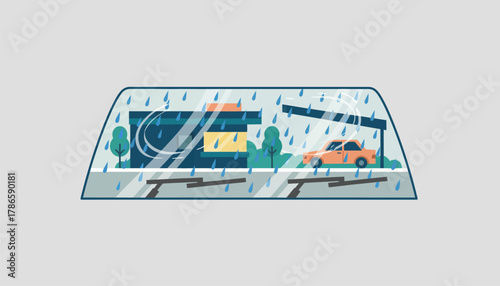 A rainy roadside stop with windshield wipers in motion droplets cascading down glass capturing the cozy feeling of a road trip in inclement weather.