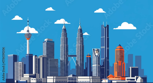 Flat vector skyline of Kuala Lumpur with two matching skyscrapers connected by elevated deck. Solid bold colors, no gradients. Ideal for travel design, posters, and editorial use