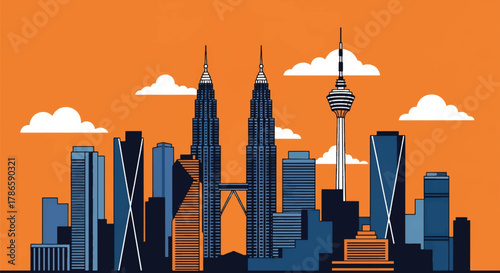 Flat vector skyline of Kuala Lumpur with two matching skyscrapers connected by elevated deck. Solid bold colors, no gradients. Ideal for travel design, posters, and editorial use