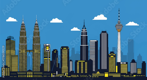 Flat vector skyline of Kuala Lumpur with two matching skyscrapers connected by elevated deck. Solid bold colors, no gradients. Ideal for travel design, posters, and editorial use