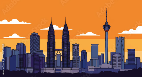 Flat vector skyline of Kuala Lumpur with two matching skyscrapers connected by elevated deck. Solid bold colors, no gradients. Ideal for travel design, posters, and editorial use