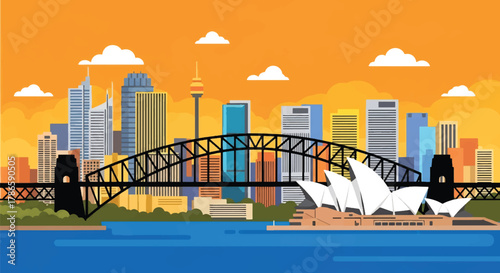 Flat vector skyline of Sydney with curved harbor bridge and sail-shaped building forms. Solid colors, clean minimal shapes, no gradients. Ideal for travel ads, posters, and editorial layout