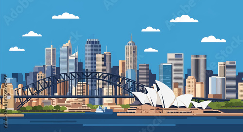 Flat vector skyline of Sydney with curved harbor bridge and sail-shaped building forms. Solid colors, clean minimal shapes, no gradients. Ideal for travel ads, posters, and editorial layout