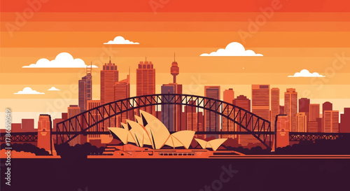 Flat vector skyline of Sydney with curved harbor bridge and sail-shaped building forms. Solid colors, clean minimal shapes, no gradients. Ideal for travel ads, posters, and editorial layout