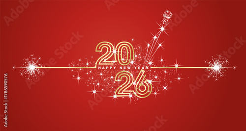 Happy New Year 2026 eve golden triple line design loading sparkle firework. 2026 with opened champagne cork, white red vector wallpaper greeting card
