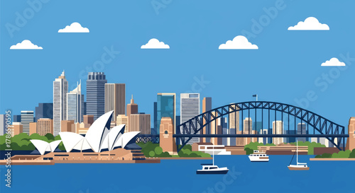 Flat vector skyline of Sydney with curved harbor bridge and sail-shaped building forms. Solid colors, clean minimal shapes, no gradients. Ideal for travel ads, posters, and editorial layout