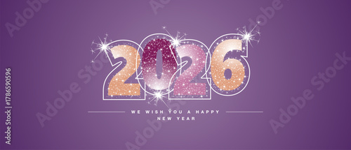 We wish you a Happy New Year 2026 light trendy colors shining glitter typography with neon outline 2026. New Year on purple background