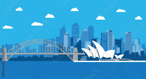 Flat vector skyline of Sydney with curved harbor bridge and sail-shaped building forms. Solid colors, clean minimal shapes, no gradients. Ideal for travel ads, posters, and editorial layout